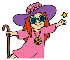 Krazy Stitcher mascot leaning on cane and reaching out