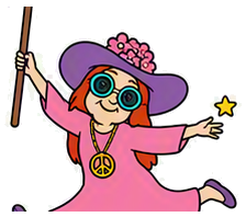 Krazy Stitcher mascot marching forward with staff raised
