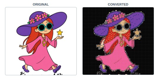 Before and after: an illustrated character on the left, and the same image converted to a bead pattern on the right, side by side in the Import Photo dialog