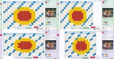 Four screenshots of the same pattern, a red and yellow circle on a diagonal blue stripe, each drawn with a different bead shape, from wide to tall.