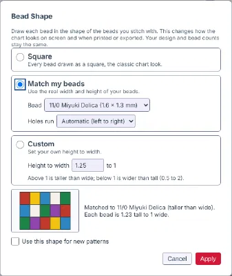 The Bead Shape window with Square, Match my beads and Custom choices, a bead list set to 11/0 Miyuki Delica, a preview picture, a checkbox for using the shape for new patterns, and Cancel and Apply buttons.